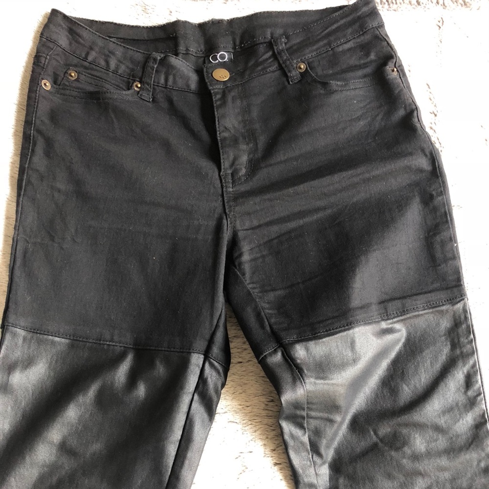 Denim and faux leather jeans